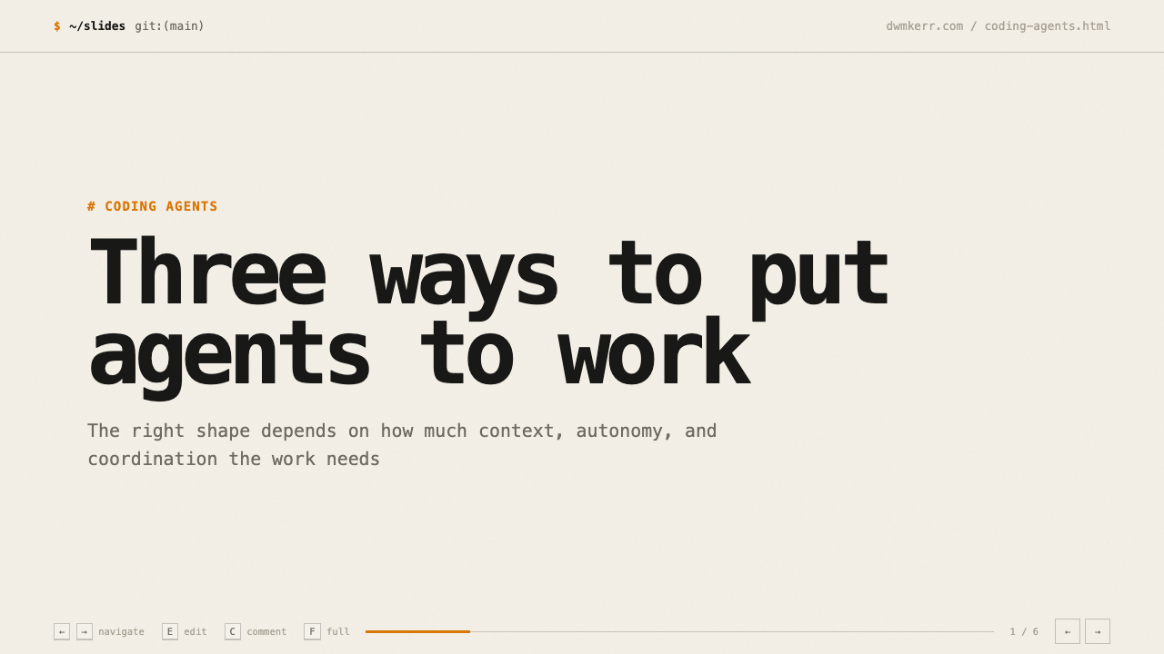 Preview of a warm off-white slide titled Three ways to put agents to work